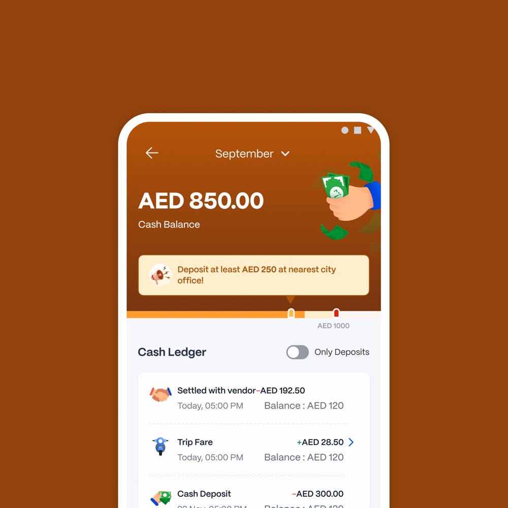 A cash balance screen with a deposit prompt against a limit, above a ledger of recent settlements, fares and deposits