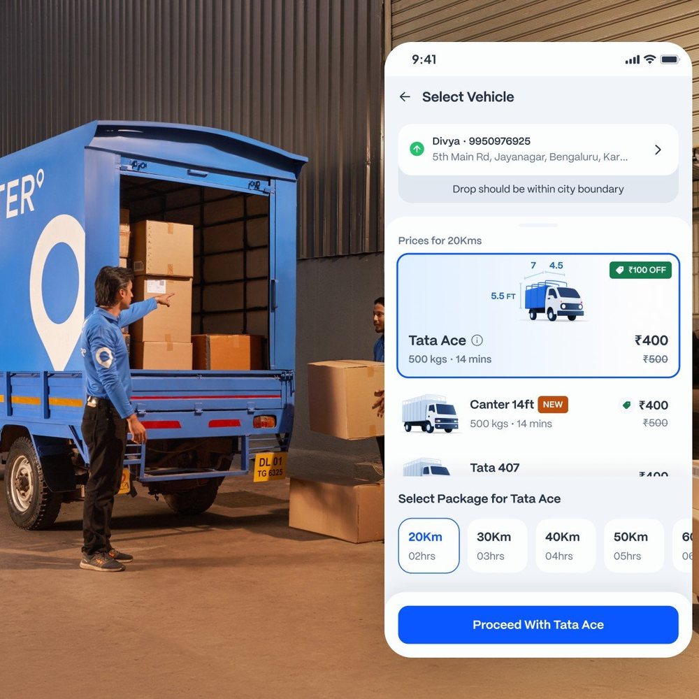 A Porter truck being loaded in a warehouse beside the Select Vehicle screen of the Rentals booking flow