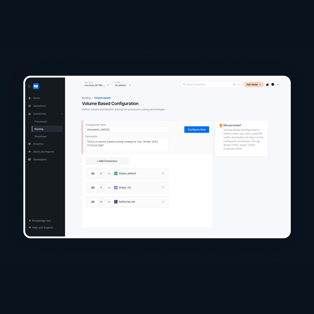 A payment routing configuration screen splitting traffic across three processors by percentage